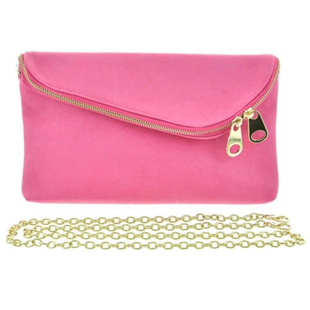 Gold Tone Chain Fuchsia Leatherette Clutch Bag with Chain Strap